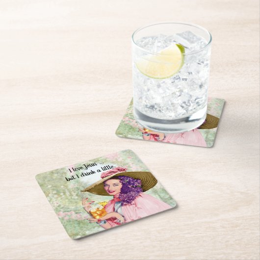 レトロ主婦サンハットカクテルフラワーズ スクエアペーパーコースター (インサイチュ)