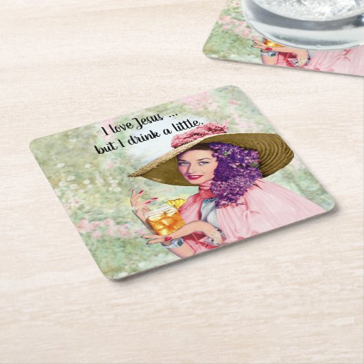 レトロ主婦サンハットカクテルフラワーズ スクエアペーパーコースター (アングル)