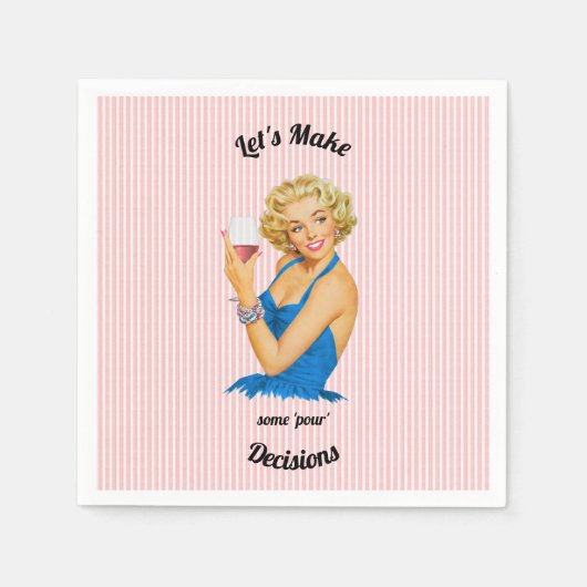 レトロ主婦ワインピンクストライプ スタンダードカクテルナプキン (正面)