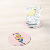 レトロ主婦ワインピンクストライプ ラウンドペーパーコースター (インサイチュ)