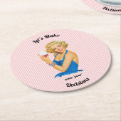 レトロ主婦ワインピンクストライプ ラウンドペーパーコースター (アングル)