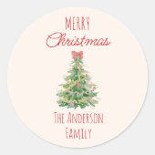 レトロ予測できなグリーンレッドクリスマスボウツリーカラフル ラウンドシール (正面)