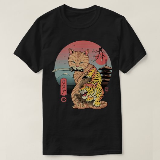 レトロ侍日本の忍者猫かわいいタトゥーキャット Tシャツ (デザイン正面)