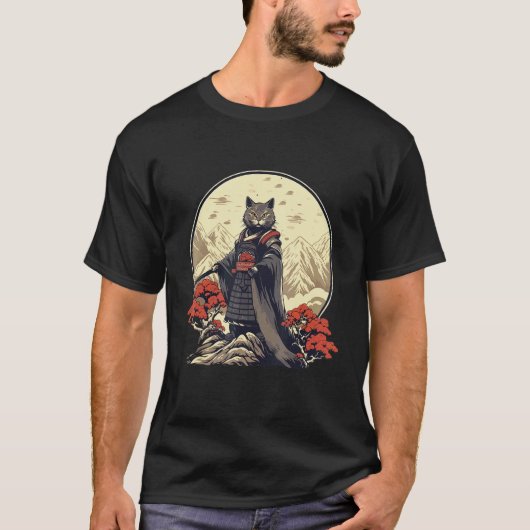 レトロ侍猫 和風ネコ Tシャツ (正面)