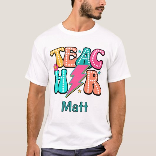 レトロ先生の稲妻 キュートなスマイリーフラワー Tシャツ (正面)