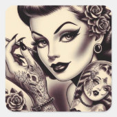 レトロ入れ墨ピンアップ スクエアシール (正面)