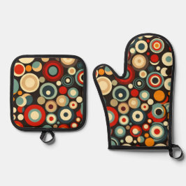 レトロ円シェイプのシームレスなパタカラフルーン 鍋つかみ&鍋敷きセット