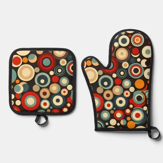 レトロ円シェイプのシームレスなパタカラフルーン 鍋つかみ&鍋敷きセット (正面)