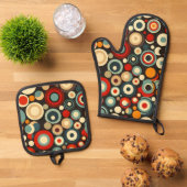 レトロ円シェイプのシームレスなパタカラフルーン 鍋つかみ&鍋敷きセット (トップダウン)