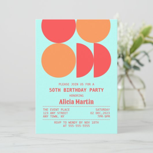 レトロ円ジオメトリパターンミント誕生日 招待状 (スタンド正面)