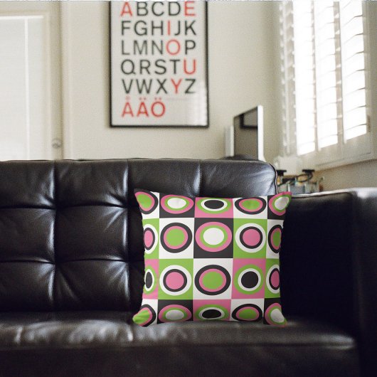 レトロ円パターンピンクグリーン白黒 クッション