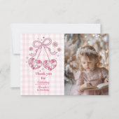 レトロ写真かわいいピンクの弓コケット1歳の誕生日 サンキューカード (正面)