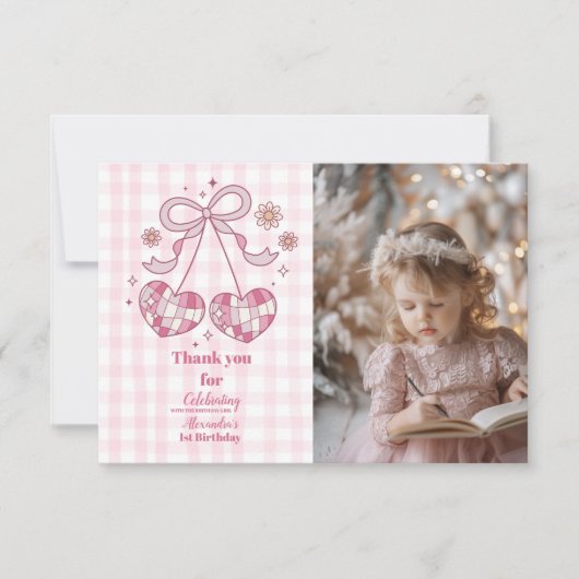 レトロ写真かわいいピンクの弓コケット1歳の誕生日 サンキューカード (正面)