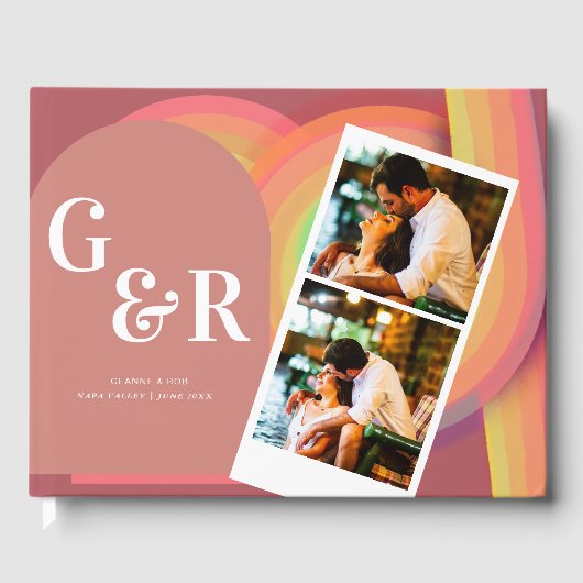 レトロ写真70年代のストライプ結婚式招待状 ゲストブック (正面)