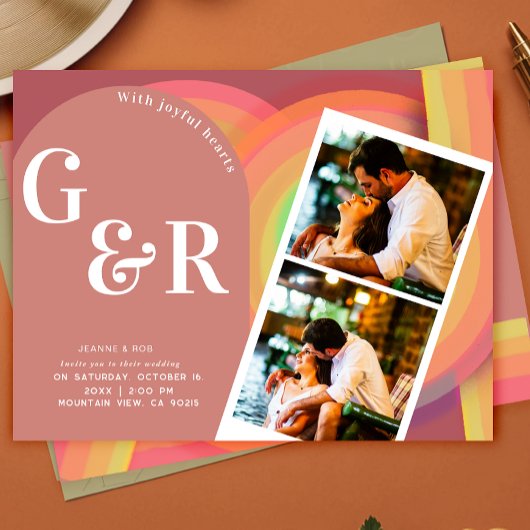 レトロ写真70年代のストライプ結婚式招待状 セーブザデート