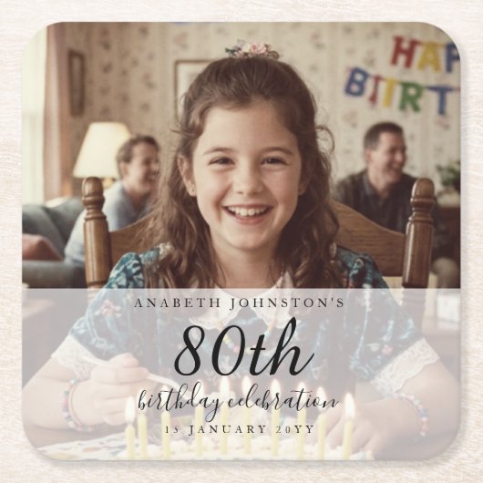 レトロ写真 80歳の誕生日 スクエアペーパーコースター (正面)