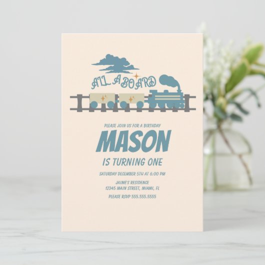 レトロ列車子供の誕生日パーティー自然招待状 招待状 (スタンド正面)