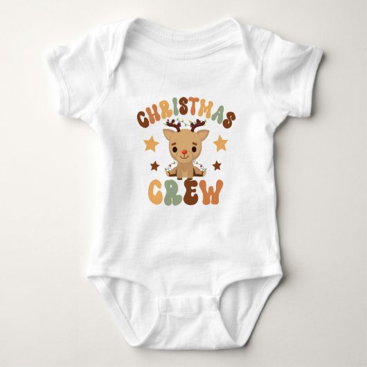 レトロ初めてのクリスマスのいとこのクルーかわいいトナカイ ベビーボディスーツ (正面)