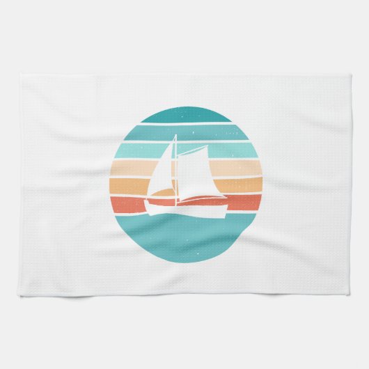 レトロ動揺してサンセット効果+帆船 キッチンタオル (横)