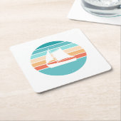 レトロ動揺してサンセット効果+帆船 スクエアペーパーコースター (アングル)