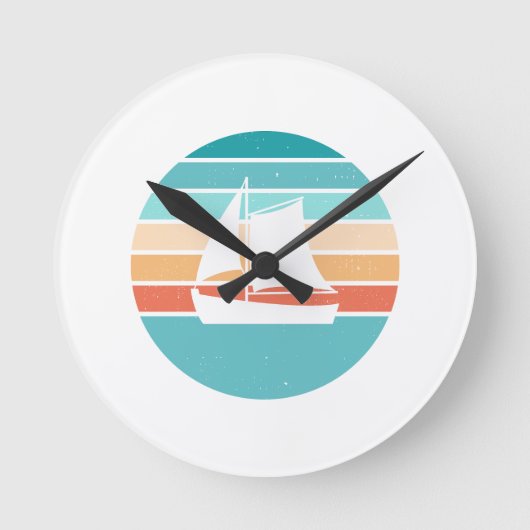レトロ動揺してサンセット効果+帆船 ラウンド壁時計 (正面)