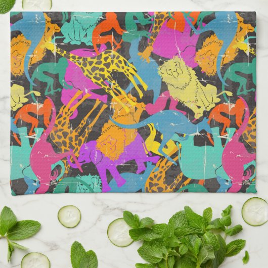 レトロ動物のシルエットパターン キッチンタオル (折り畳み)