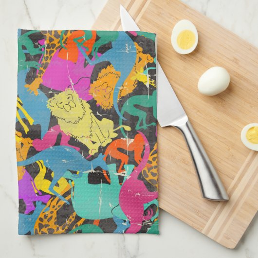 レトロ動物のシルエットパターン キッチンタオル (四つ折り)