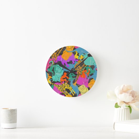 レトロ動物のシルエット模様 ラウンド壁時計 (ホーム)