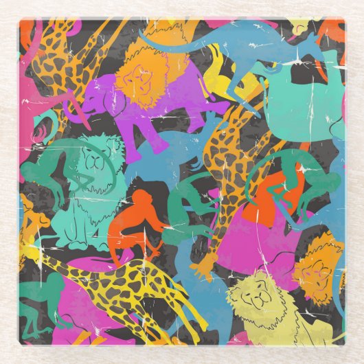 レトロ動物はパターンのシルエットを描きます ガラスコースター (正面)