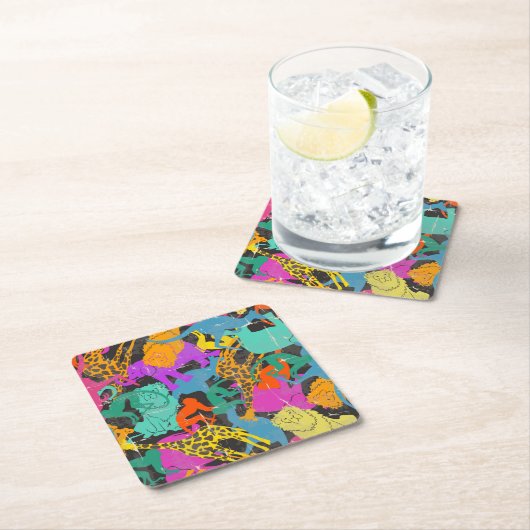 レトロ動物はパターンのシルエットを描きます スクエアペーパーコースター (インサイチュ)