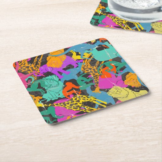レトロ動物はパターンのシルエットを描きます スクエアペーパーコースター (アングル)