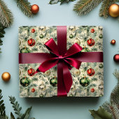 レトロ包装紙グリーンとレッドオーナメント ラッピングペーパー