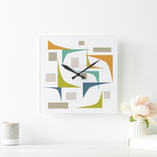 レトロ原子中世紀幾何学ターコイズグリーン スクエア壁時計 (ホーム)