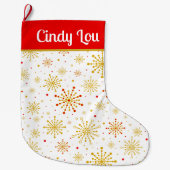 レトロ原子中世紀赤モダン金ゴールドパーソナライズされた ラージクリスマスストッキング (正面)