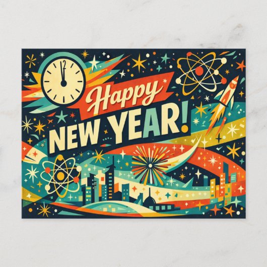 レトロ原子力宇宙時代の新年 シーズンポストカード (正面)