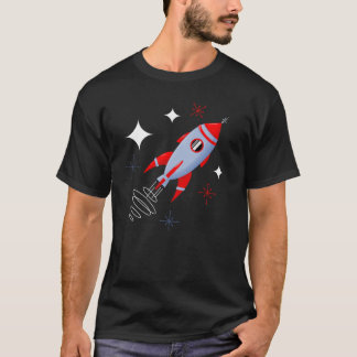 レトロ原子年齢赤ヴィンテージロケット Tシャツ