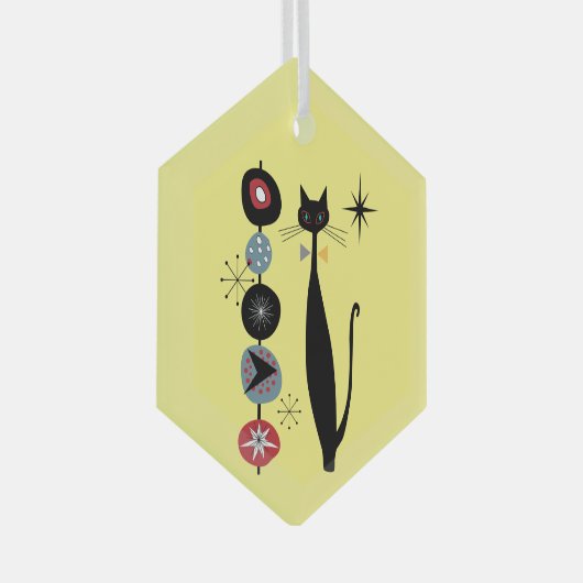 レトロ原子時代の中世モダン紀の猫カカッコいいボブ ガラスオーナメント (正面右)