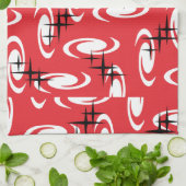 レトロ原子時代の渦巻き星模様の赤 キッチンタオル (折り畳み)