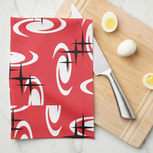 レトロ原子時代の渦巻き星模様の赤 キッチンタオル (四つ折り)