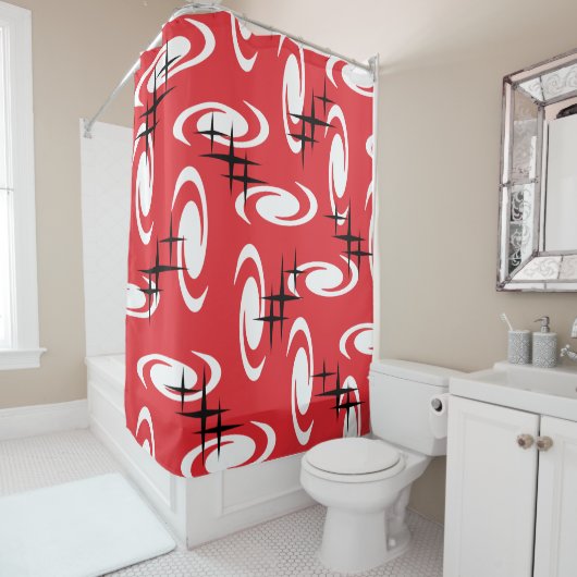 レトロ原子時代の渦巻き星模様の赤 シャワーカーテン (インサイチュ)