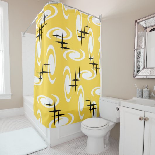 レトロ原子時代の渦巻き星模様の黄色 シャワーカーテン (インサイチュ)