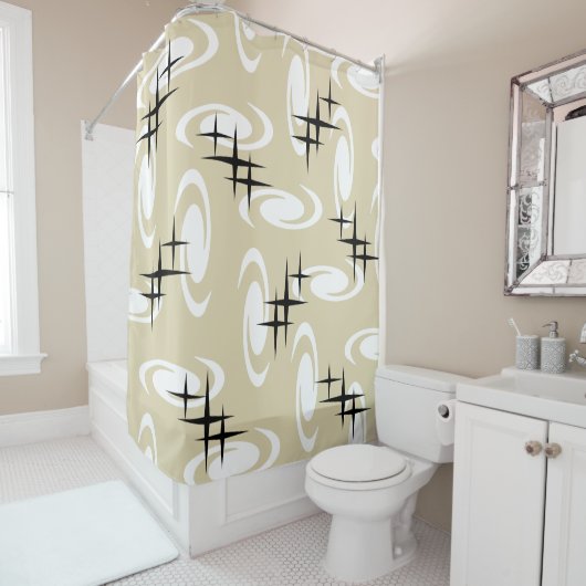 レトロ原子時代の渦巻き星模様ベージュ シャワーカーテン (インサイチュ)