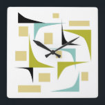 レトロ原子時代ジオメトリコーナーミッドセンチュリー スクエア壁時計<br><div class="desc">このポップ・アートのミッドセンチュリー時計で壁に色ファンキーを追加モダン!アクアブルー、アボカドグリーン、イエロー、ブラックの幾何学的な形状のおもしろい色を特徴とする。</div>