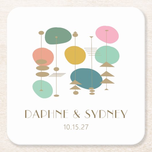 レトロ原子時代ミッドセンチュリーモダンカスタムウェディング スクエアペーパーコースター (正面)