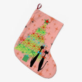 レトロ原子時代ミッドセンチュリーモダンクリスマス猫 ラージクリスマスストッキング (正面 (吊り時))