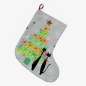 レトロ原子時代ミッドセンチュリーモダンクリスマス猫 ラージクリスマスストッキング (正面 (吊り時))