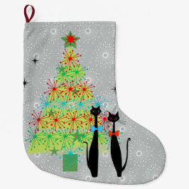 レトロ原子時代ミッドセンチュリーモダンクリスマス猫 ラージクリスマスストッキング