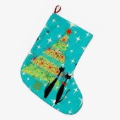 レトロ原子時代ミッドセンチュリーモダンクリスマス猫 ラージクリスマスストッキング (正面 (吊り時))