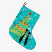 レトロ原子時代ミッドセンチュリーモダンクリスマス猫 ラージクリスマスストッキング (正面 (吊り時))