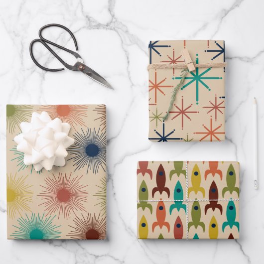 レトロ原子時代ミッドセンチュリーモダンサンズスターロケット ラッピングペーパーシート (正面)